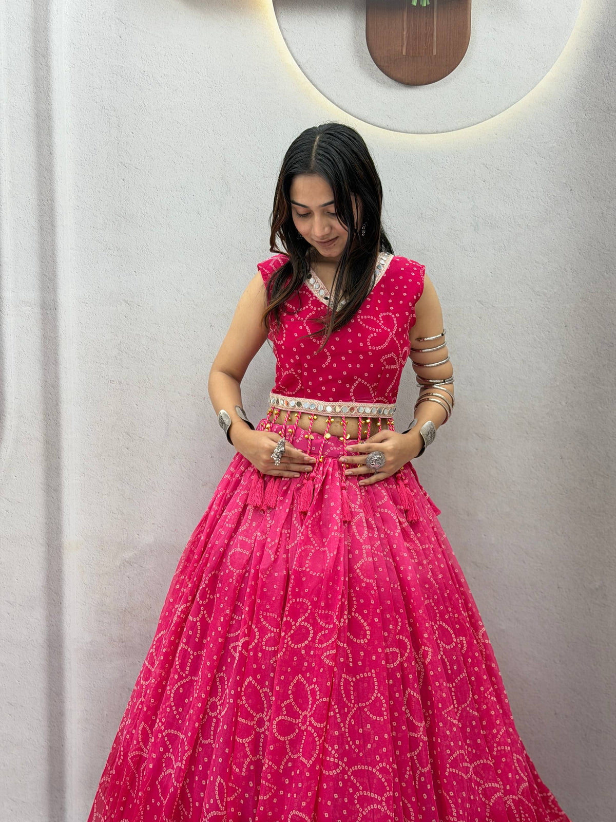 Rani Pink Fox Georgette Bandhani Print Heavy Embroidery & Mirror Lace Work Navratri Special Lehenga Choli Set With Dupatta
