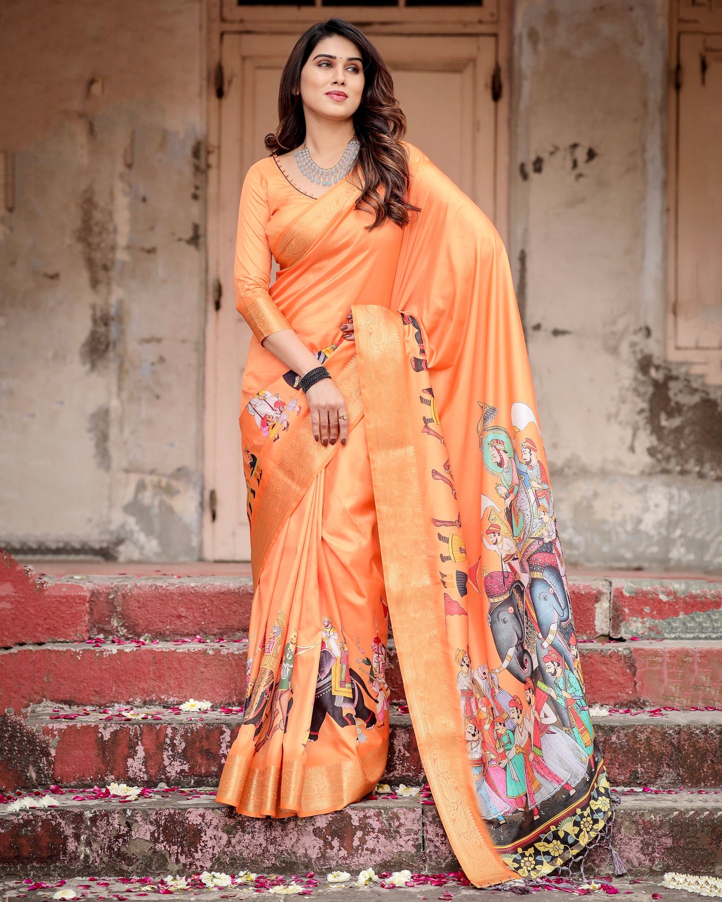 PURE SILK DIGITALLY PRINTED SAREE WEAVED WITH GOLDEN ZARI COMES WITH TASSELS