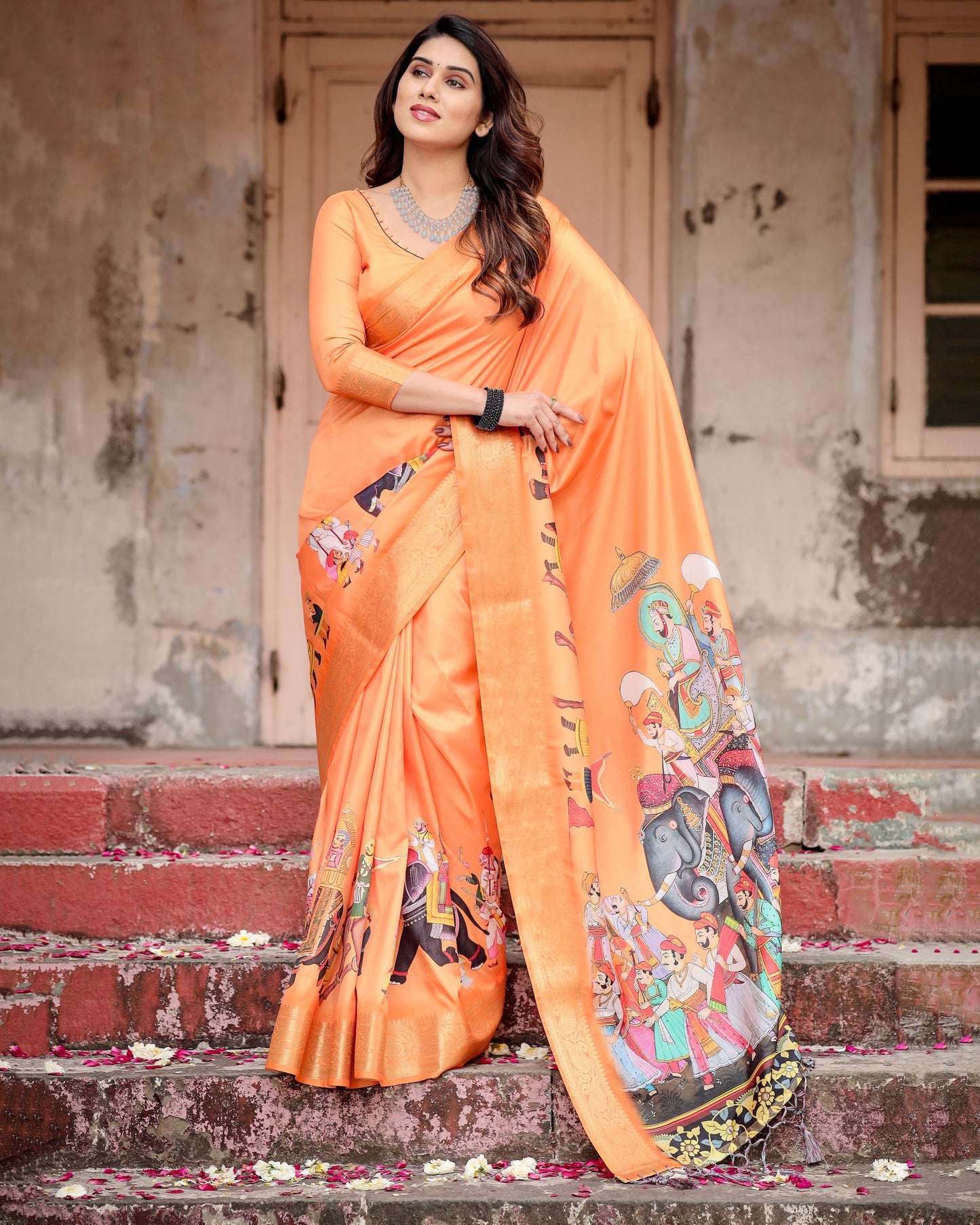 PURE SILK DIGITALLY PRINTED SAREE WEAVED WITH GOLDEN ZARI COMES WITH TASSELS