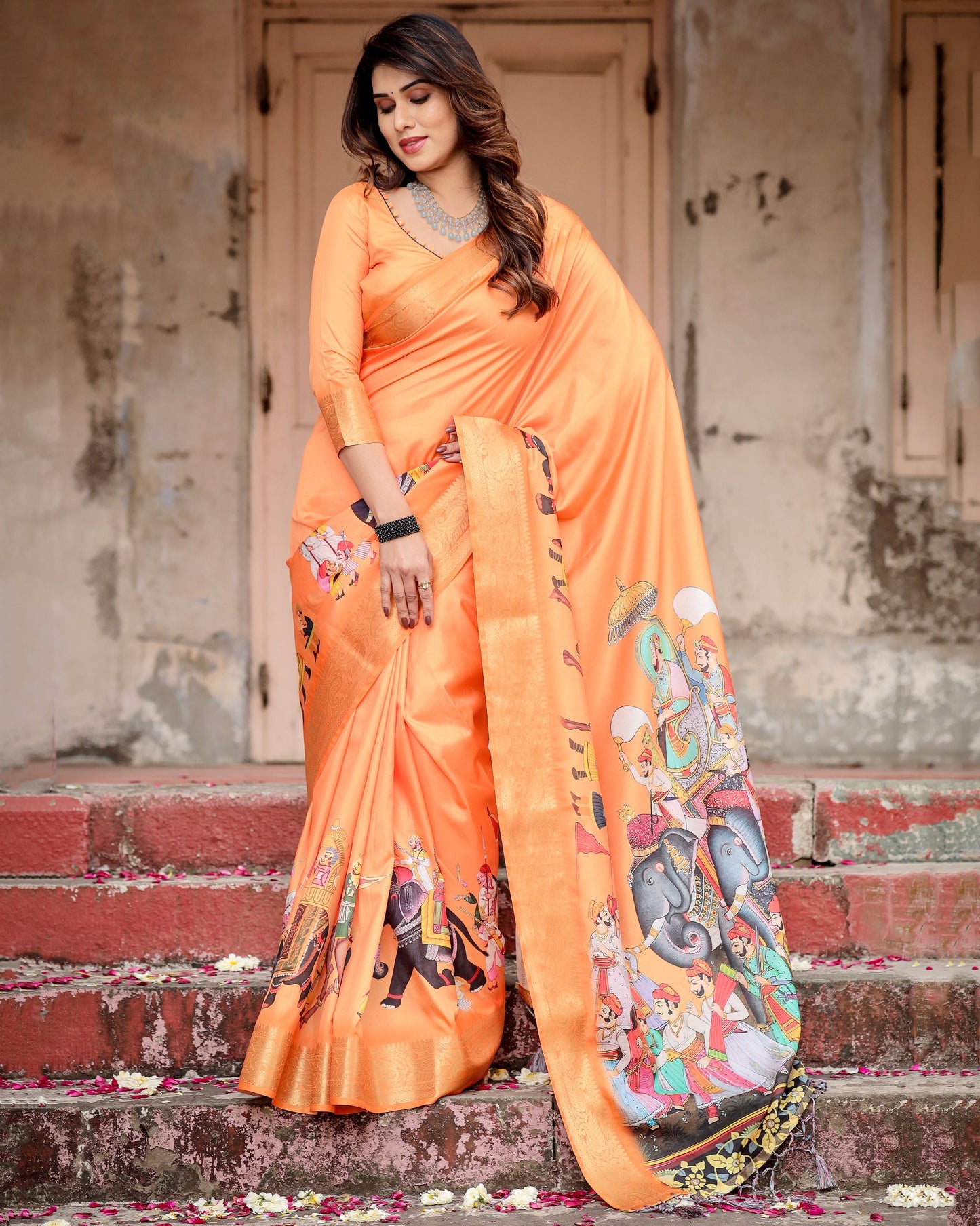 PURE SILK DIGITALLY PRINTED SAREE WEAVED WITH GOLDEN ZARI COMES WITH TASSELS