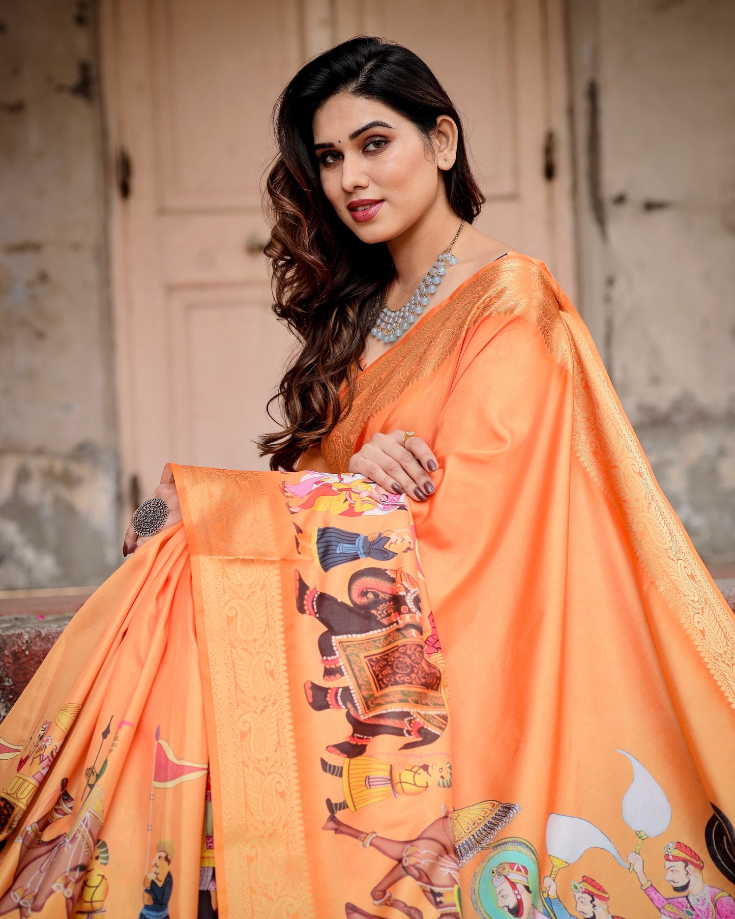 PURE SILK DIGITALLY PRINTED SAREE WEAVED WITH GOLDEN ZARI COMES WITH TASSELS