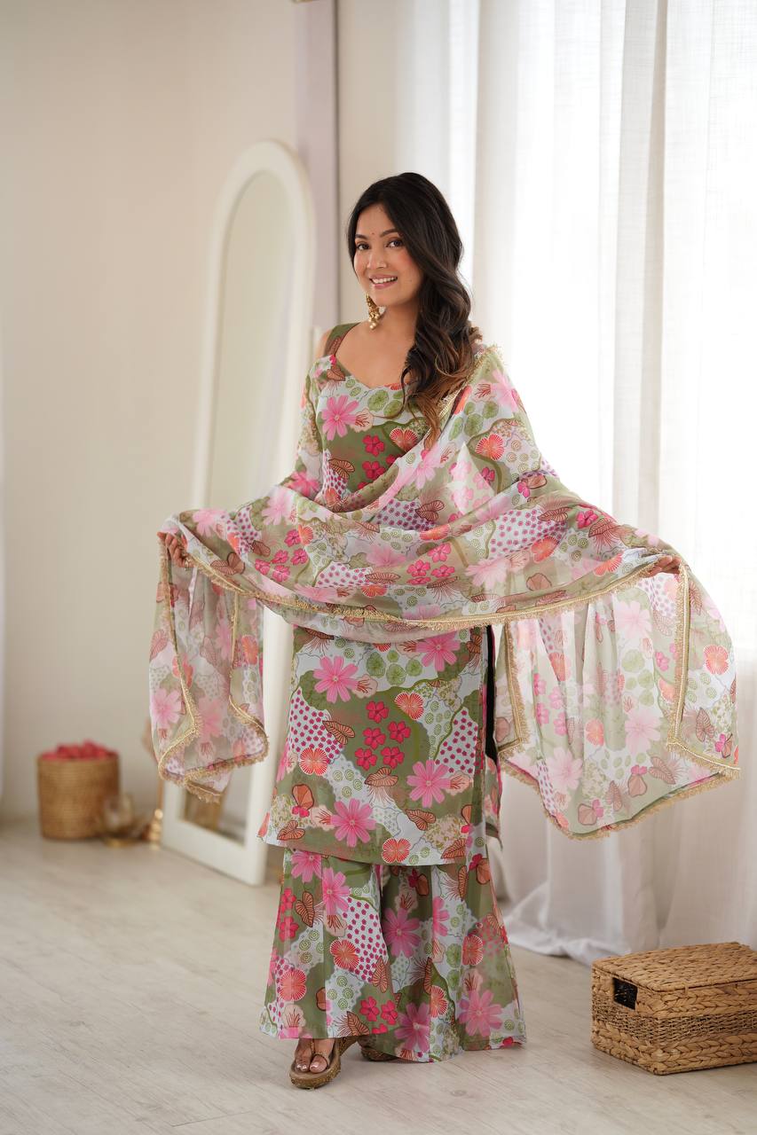 Olive Green & Pink Floral Printed Tabby Organza Off-Shoulder Cut-Out Sleeve Kurti With Palazzo & Dupatta Set