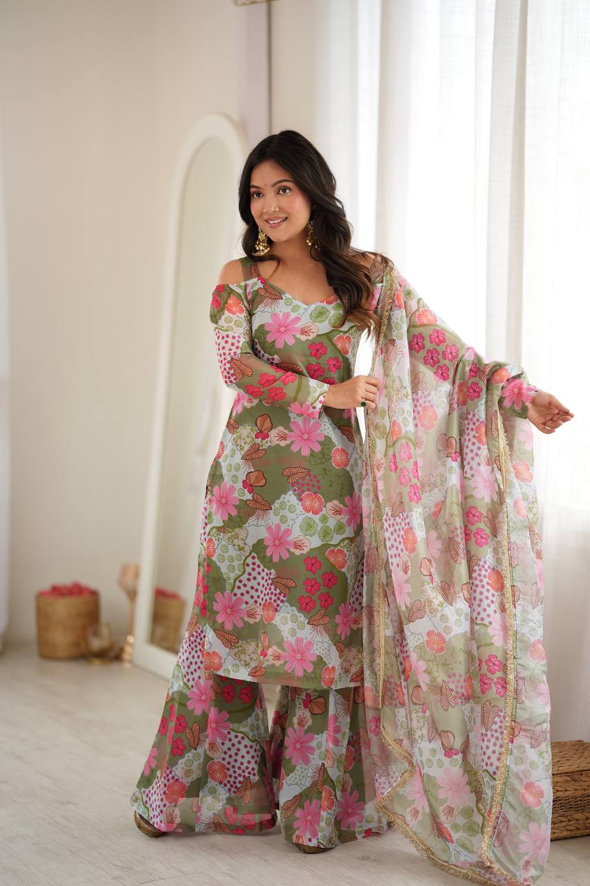 Olive Green & Pink Floral Printed Tabby Organza Off-Shoulder Cut-Out Sleeve Kurti With Palazzo & Dupatta Set