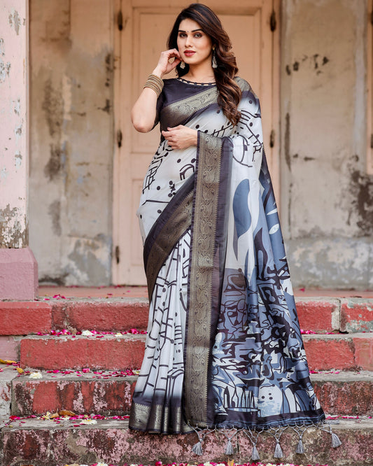 PURE SILK DIGITALLY PRINTED SAREE WEAVED WITH GOLDEN ZARI COMES WITH TASSELS