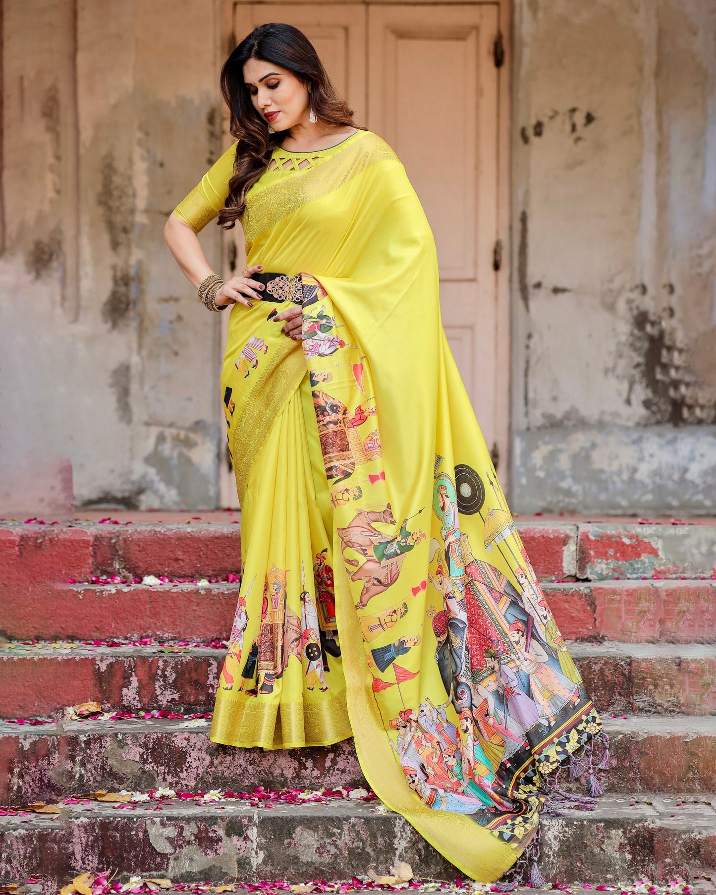 PURE SILK DIGITALLY PRINTED SAREE WEAVED WITH GOLDEN ZARI COMES WITH TASSELS