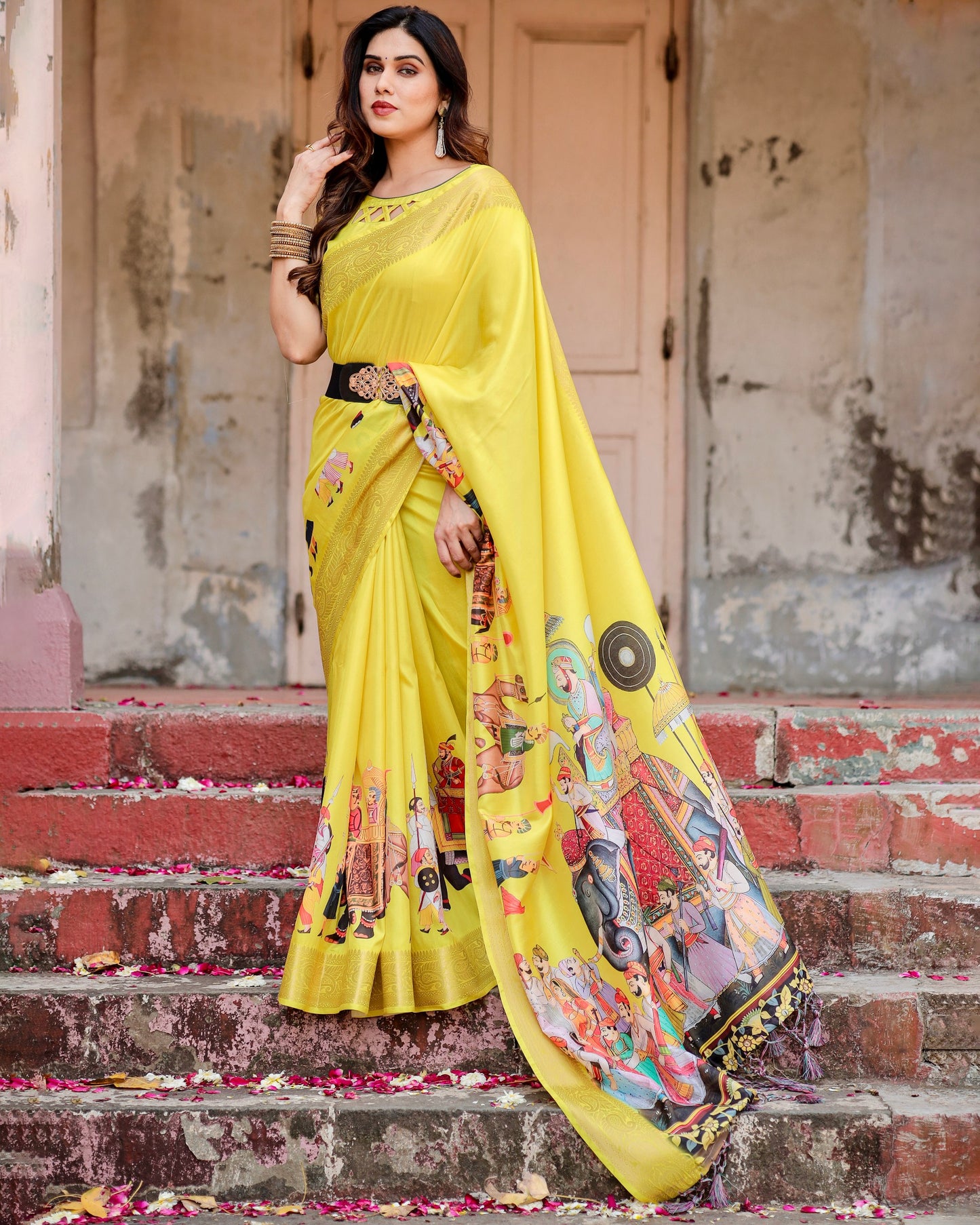 PURE SILK DIGITALLY PRINTED SAREE WEAVED WITH GOLDEN ZARI COMES WITH TASSELS