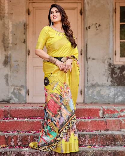 PURE SILK DIGITALLY PRINTED SAREE WEAVED WITH GOLDEN ZARI COMES WITH TASSELS