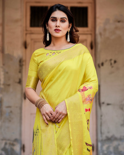 PURE SILK DIGITALLY PRINTED SAREE WEAVED WITH GOLDEN ZARI COMES WITH TASSELS