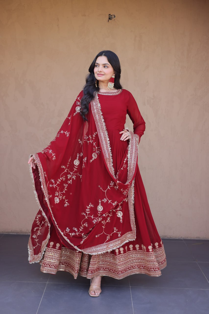 Maroon Red Faux Blooming Embroidered Zari Sequins Work Flared Gown with Heavy Dupatta Set