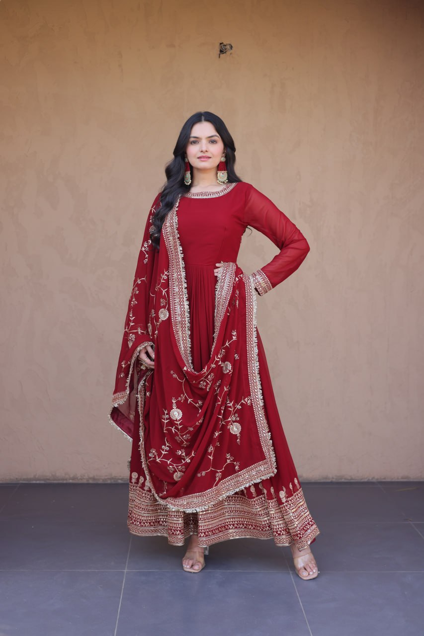 Maroon Red Faux Blooming Embroidered Zari Sequins Work Flared Gown with Heavy Dupatta Set