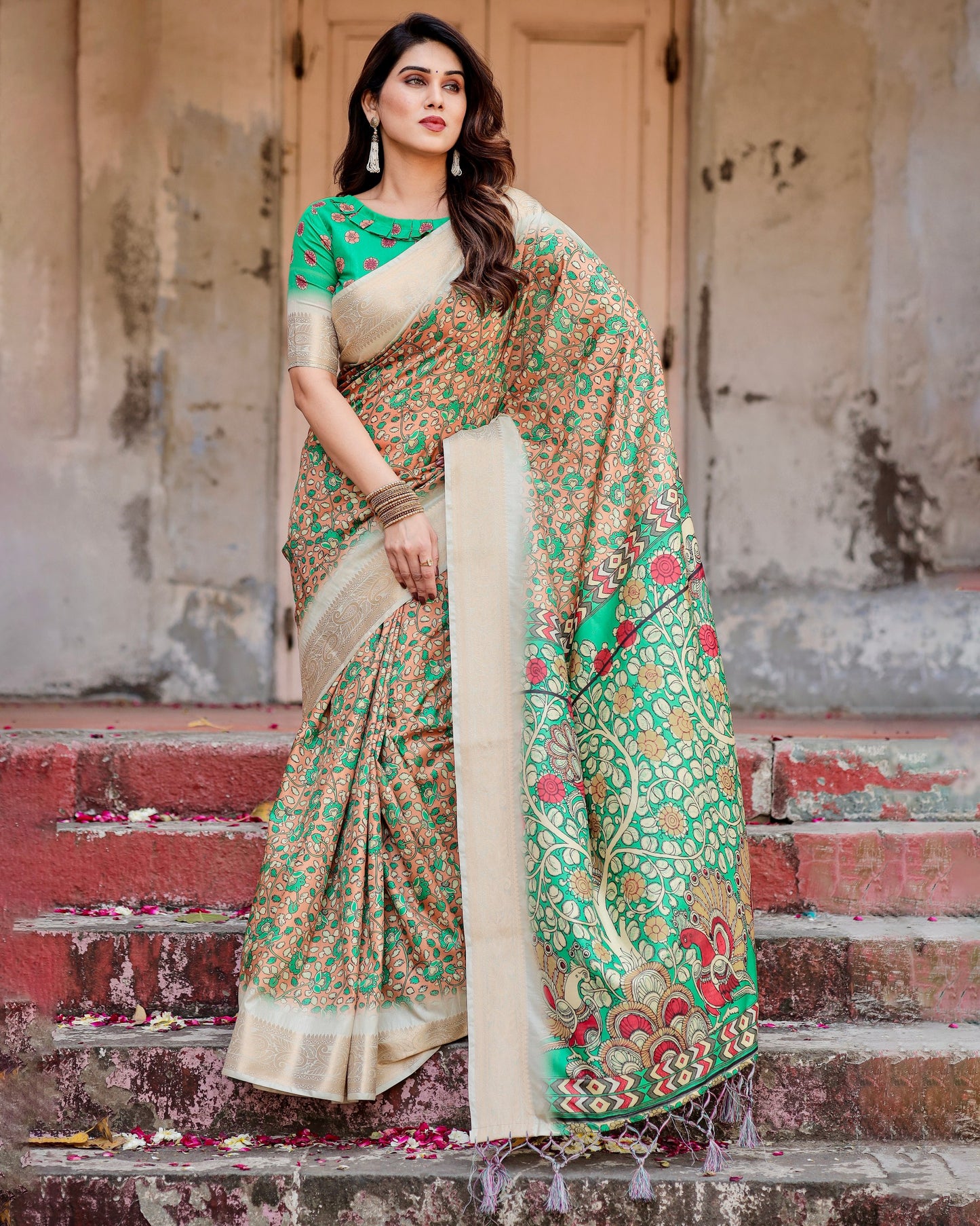 PURE SILK DIGITALLY PRINTED SAREE WEAVED WITH GOLDEN ZARI COMES WITH TASSELS