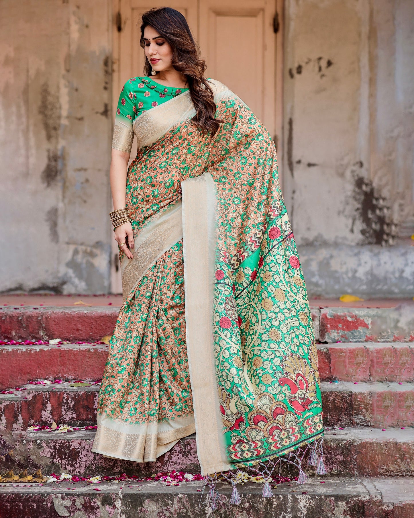 PURE SILK DIGITALLY PRINTED SAREE WEAVED WITH GOLDEN ZARI COMES WITH TASSELS