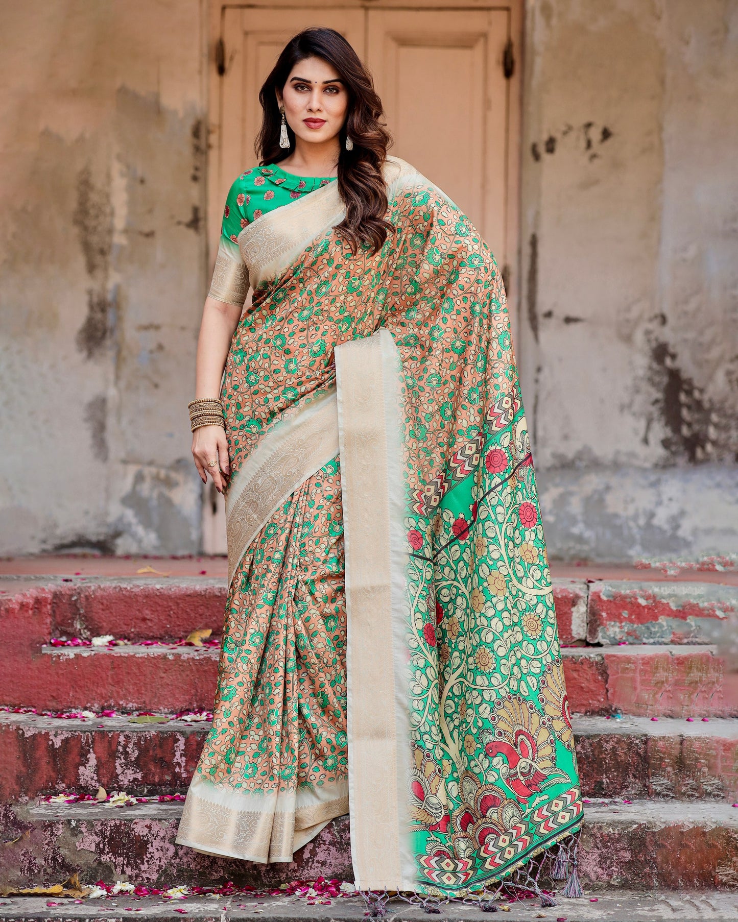 PURE SILK DIGITALLY PRINTED SAREE WEAVED WITH GOLDEN ZARI COMES WITH TASSELS