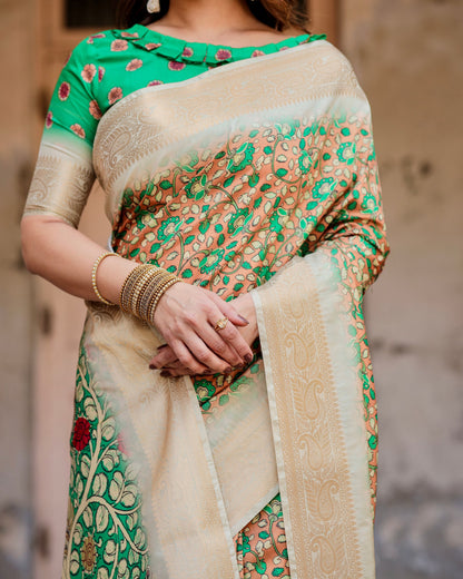 PURE SILK DIGITALLY PRINTED SAREE WEAVED WITH GOLDEN ZARI COMES WITH TASSELS