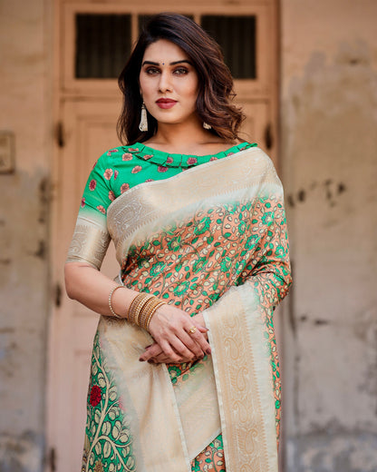 PURE SILK DIGITALLY PRINTED SAREE WEAVED WITH GOLDEN ZARI COMES WITH TASSELS