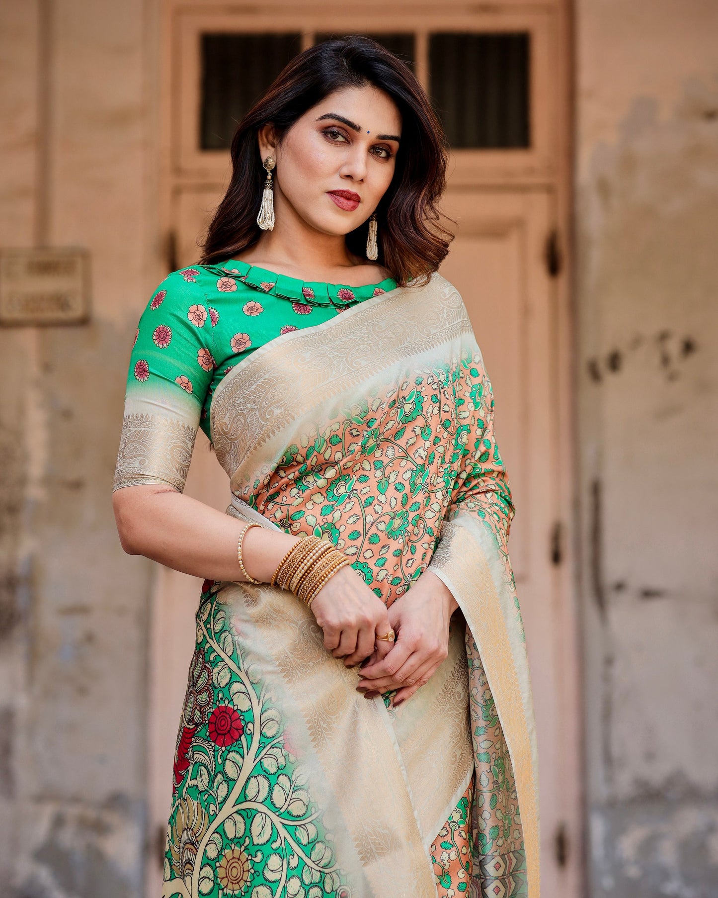 PURE SILK DIGITALLY PRINTED SAREE WEAVED WITH GOLDEN ZARI COMES WITH TASSELS