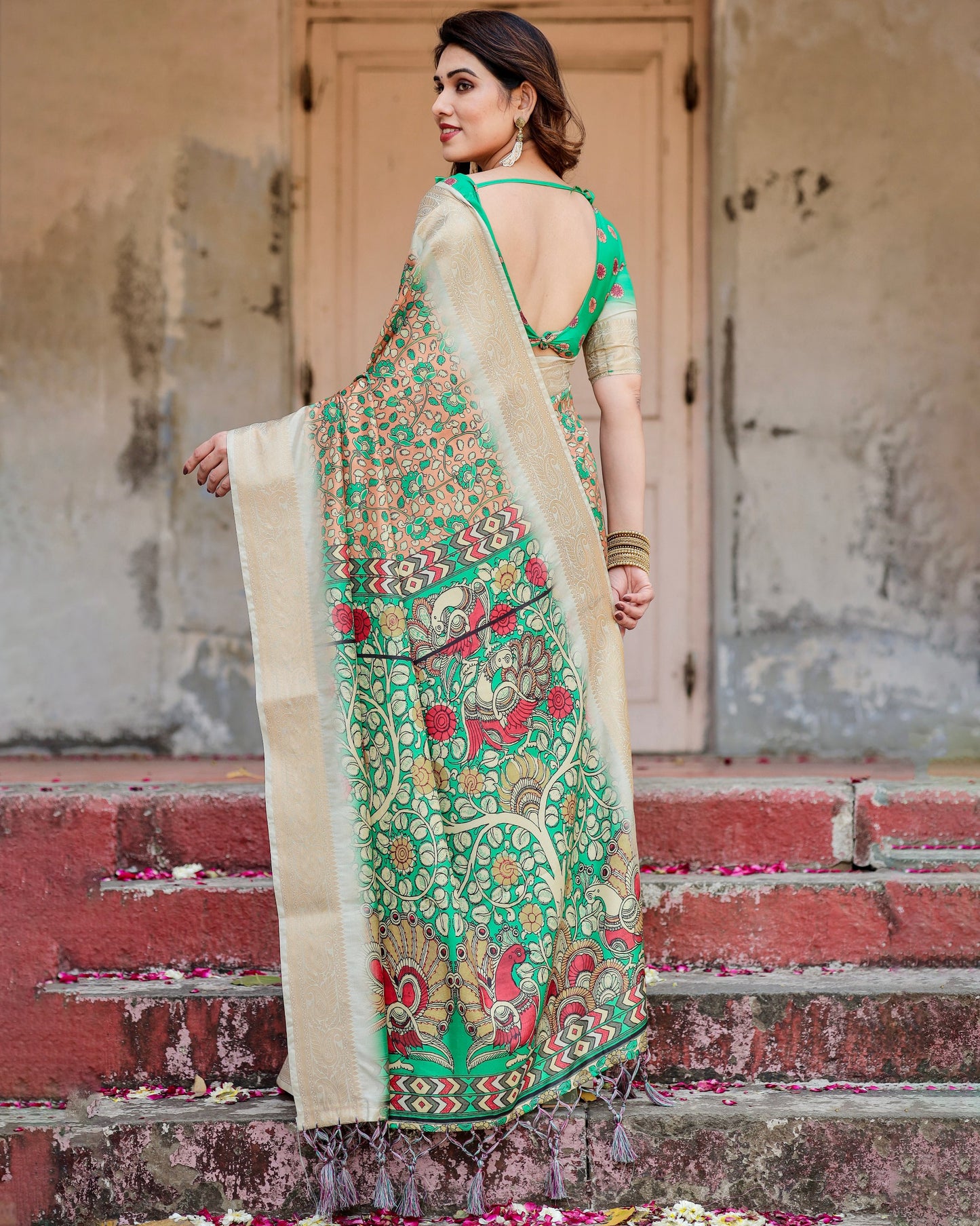 PURE SILK DIGITALLY PRINTED SAREE WEAVED WITH GOLDEN ZARI COMES WITH TASSELS