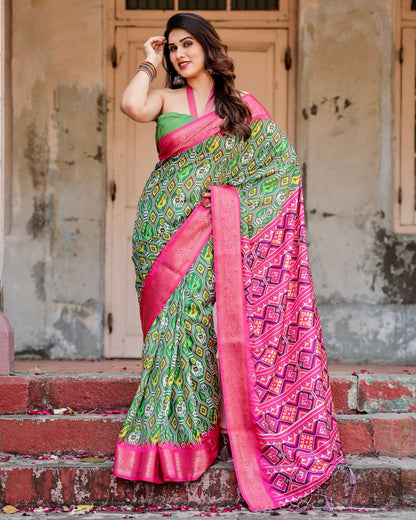 PURE SILK DIGITALLY PRINTED SAREE WEAVED WITH GOLDEN ZARI COMES WITH TASSELS