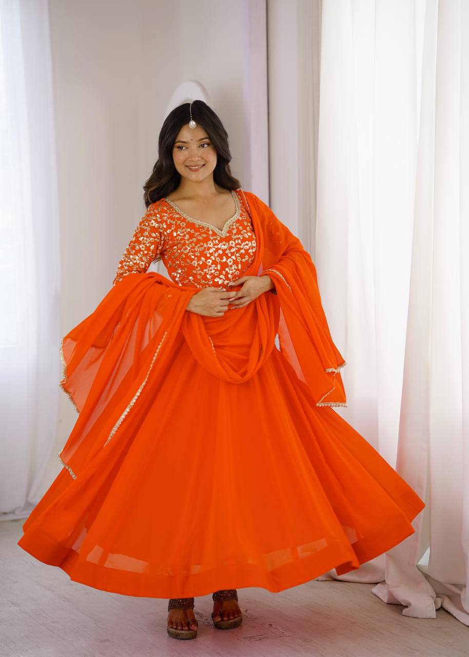 Bright Orange Pure Faux Georgette Anarkali Gown Suit Set with Heavy Sequin & Zari Embroidered Bodice, Matching Pants & Georgette Dupatta with Golden Lace