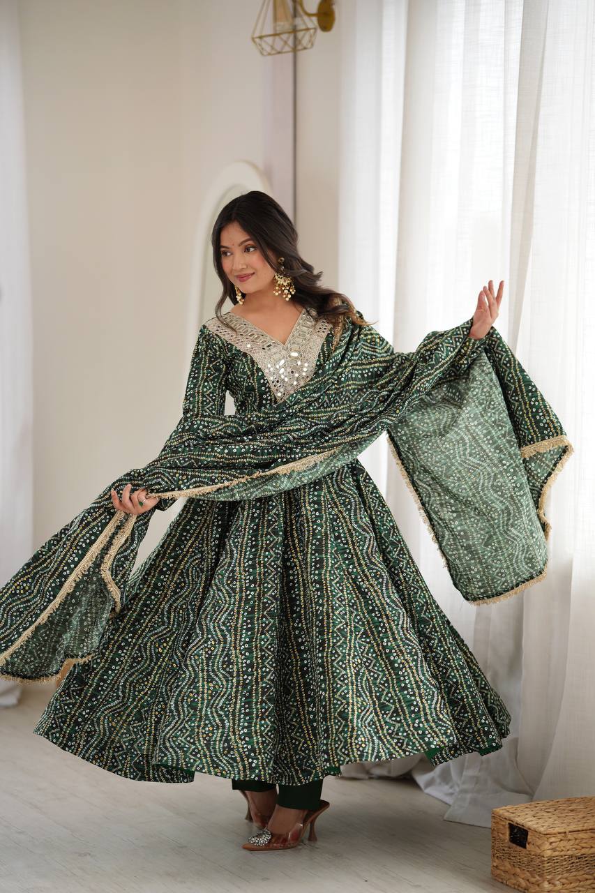 Dark Green Rayon Bandhani Printed Anarkali Gown With Mirror Work Yoke Embroidery, Pant & Dupatta Set