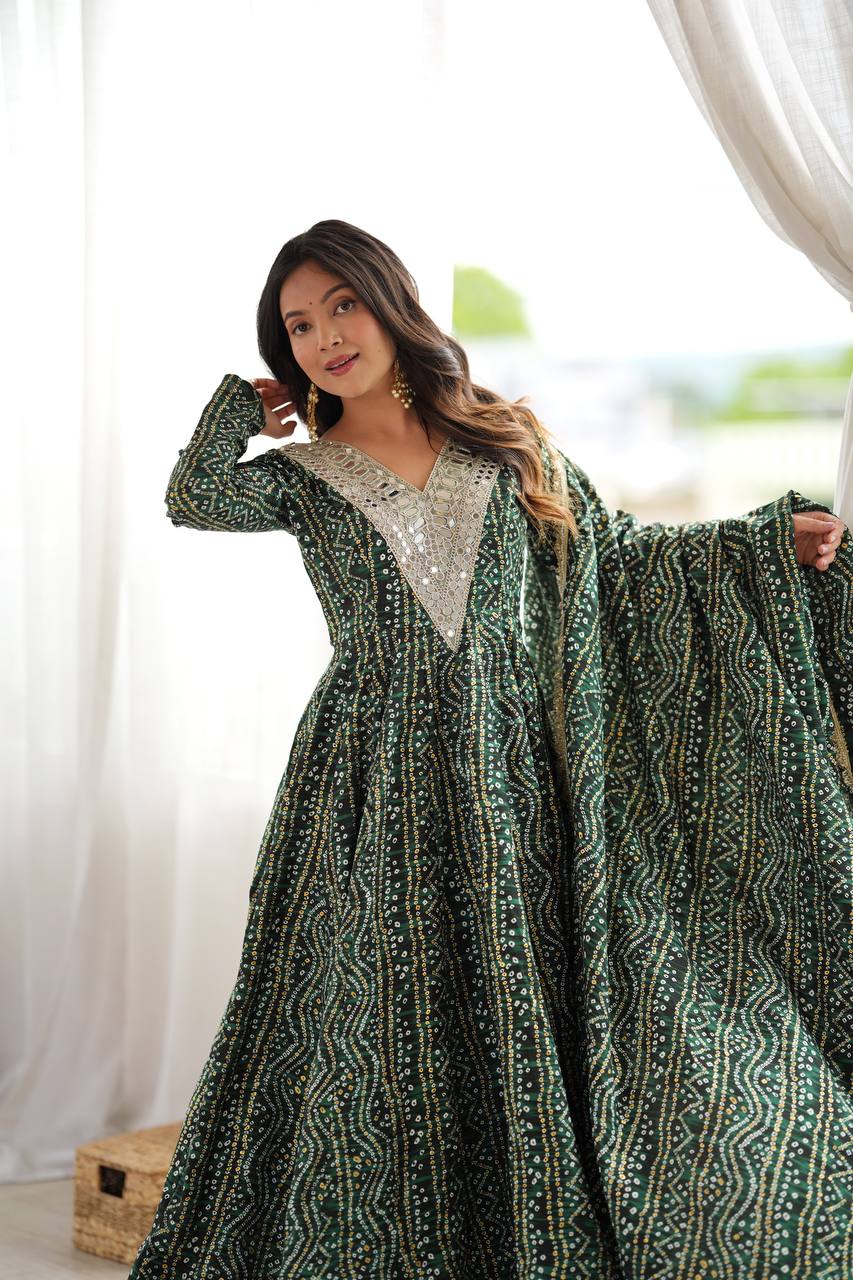 Dark Green Rayon Bandhani Printed Anarkali Gown With Mirror Work Yoke Embroidery, Pant & Dupatta Set