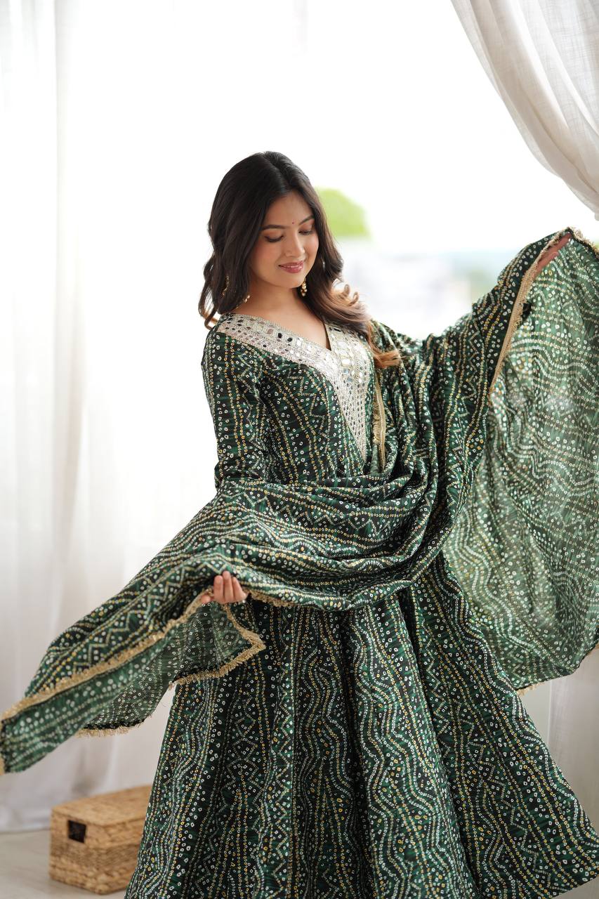 Dark Green Rayon Bandhani Printed Anarkali Gown With Mirror Work Yoke Embroidery, Pant & Dupatta Set