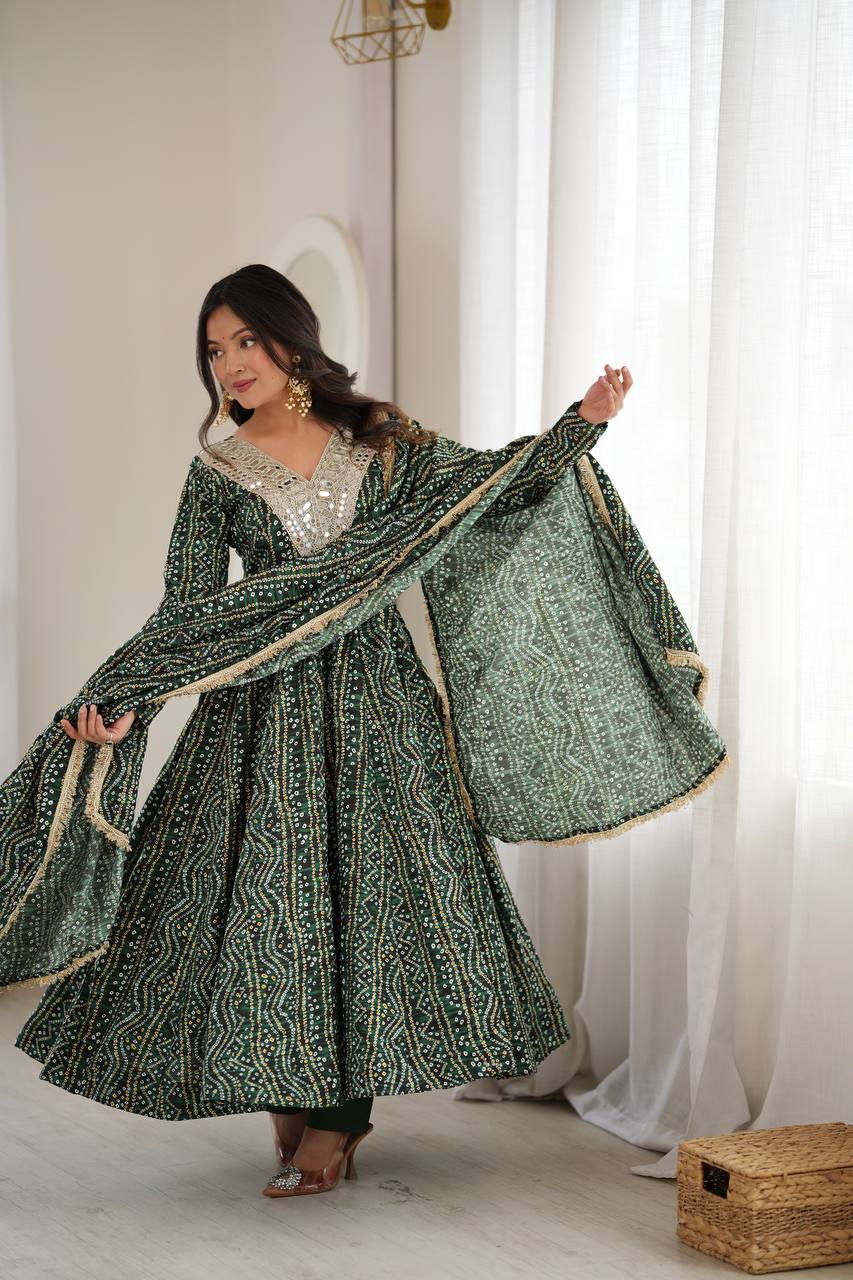 Dark Green Rayon Bandhani Printed Anarkali Gown With Mirror Work Yoke Embroidery, Pant & Dupatta Set