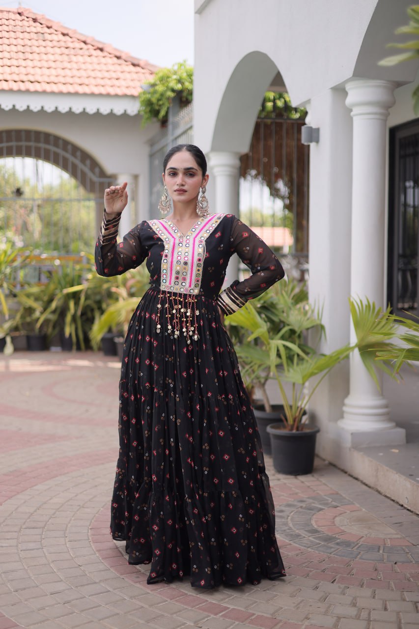 Navratri Black Faux Georgette Printed Flared Gown with Kutchi Patchwork Embroidery