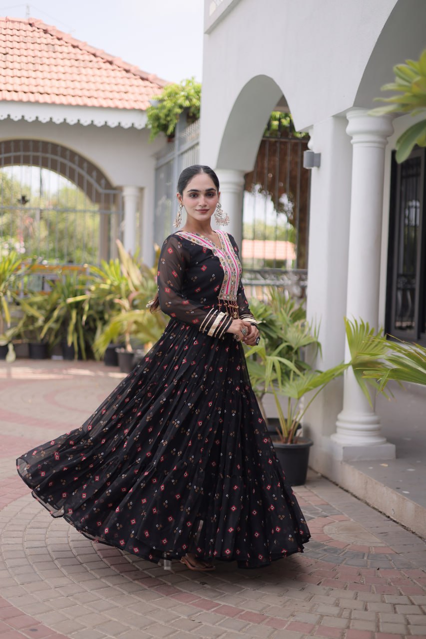 Navratri Black Faux Georgette Printed Flared Gown with Kutchi Patchwork Embroidery