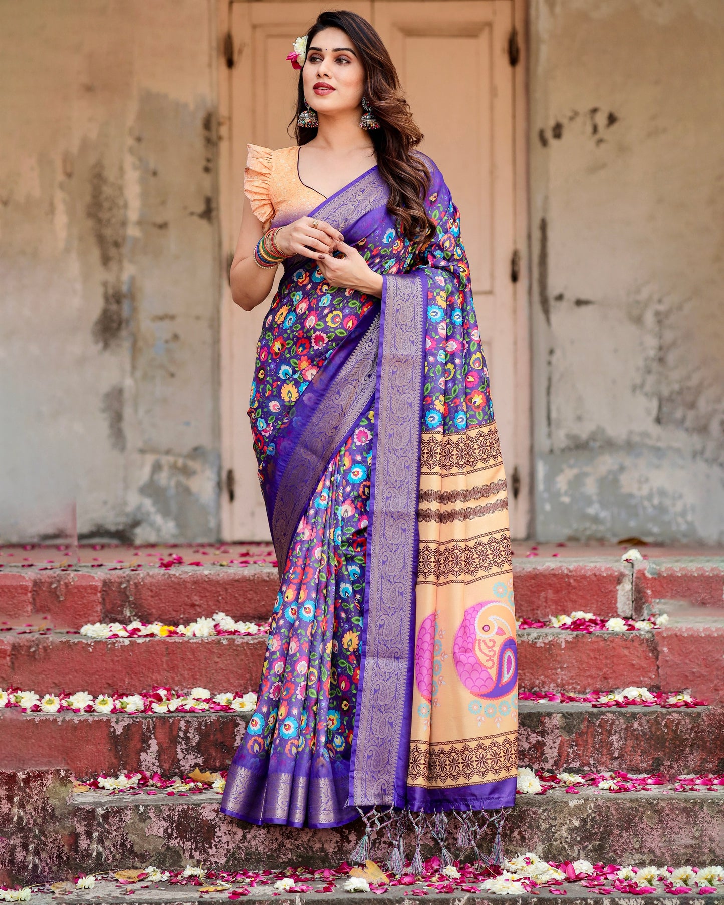 PURE SILK DIGITALLY PRINTED SAREE WEAVED WITH GOLDEN ZARI COMES WITH TASSELS