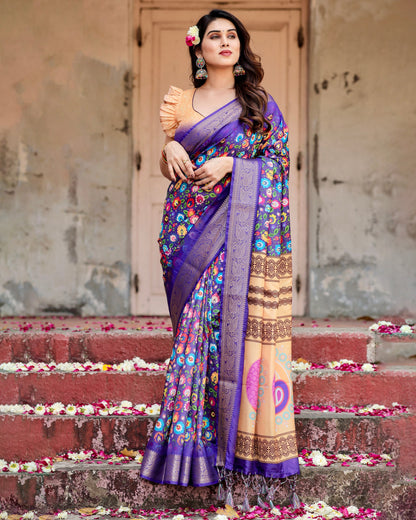 PURE SILK DIGITALLY PRINTED SAREE WEAVED WITH GOLDEN ZARI COMES WITH TASSELS