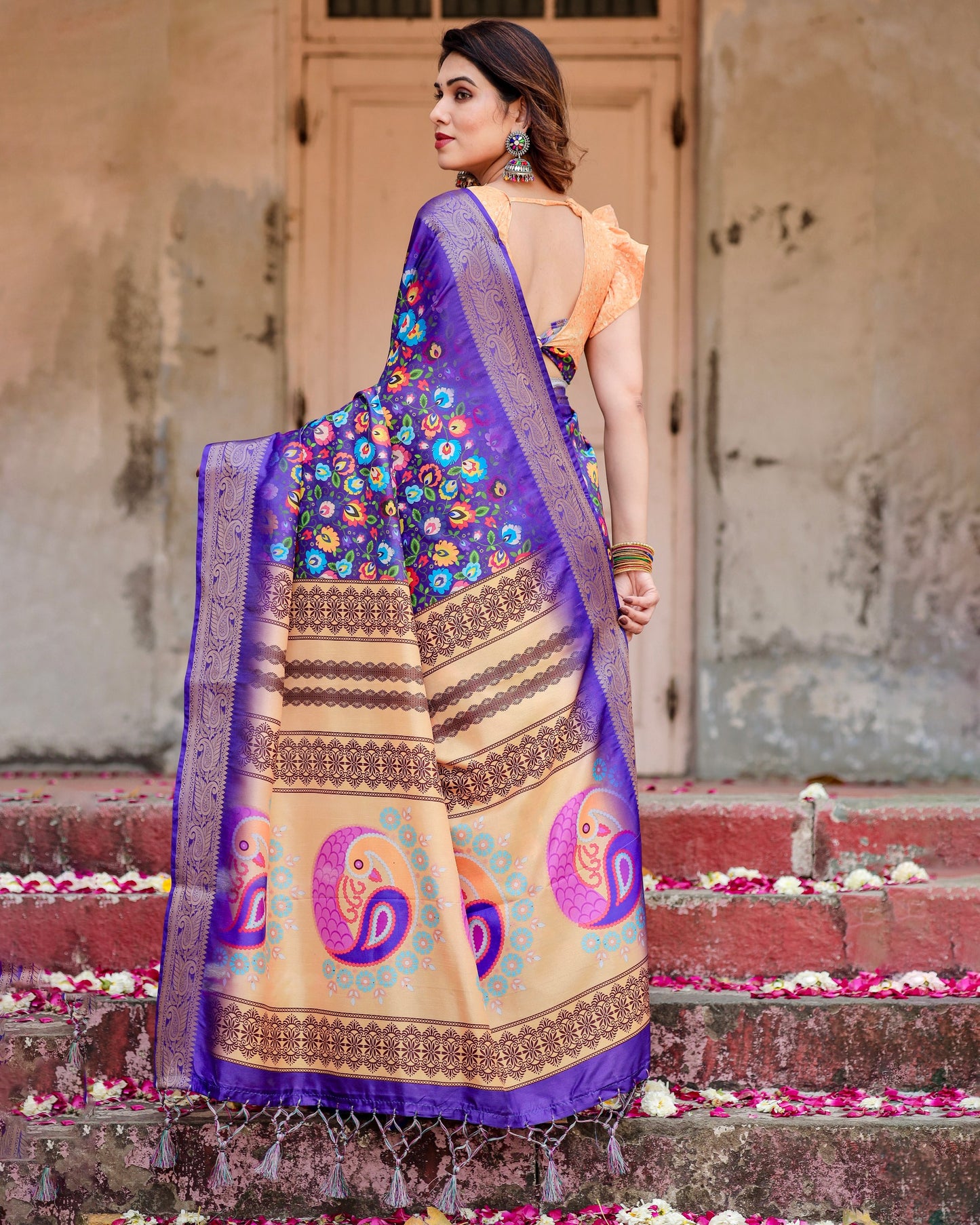 PURE SILK DIGITALLY PRINTED SAREE WEAVED WITH GOLDEN ZARI COMES WITH TASSELS