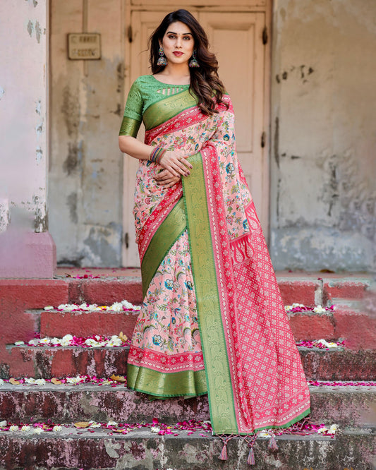 PURE SILK DIGITALLY PRINTED SAREE WEAVED WITH GOLDEN ZARI COMES WITH TASSELS