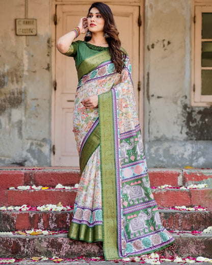 PURE SILK DIGITALLY PRINTED SAREE WEAVED WITH GOLDEN ZARI COMES WITH TASSELS