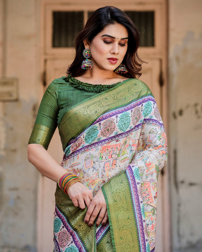 PURE SILK DIGITALLY PRINTED SAREE WEAVED WITH GOLDEN ZARI COMES WITH TASSELS