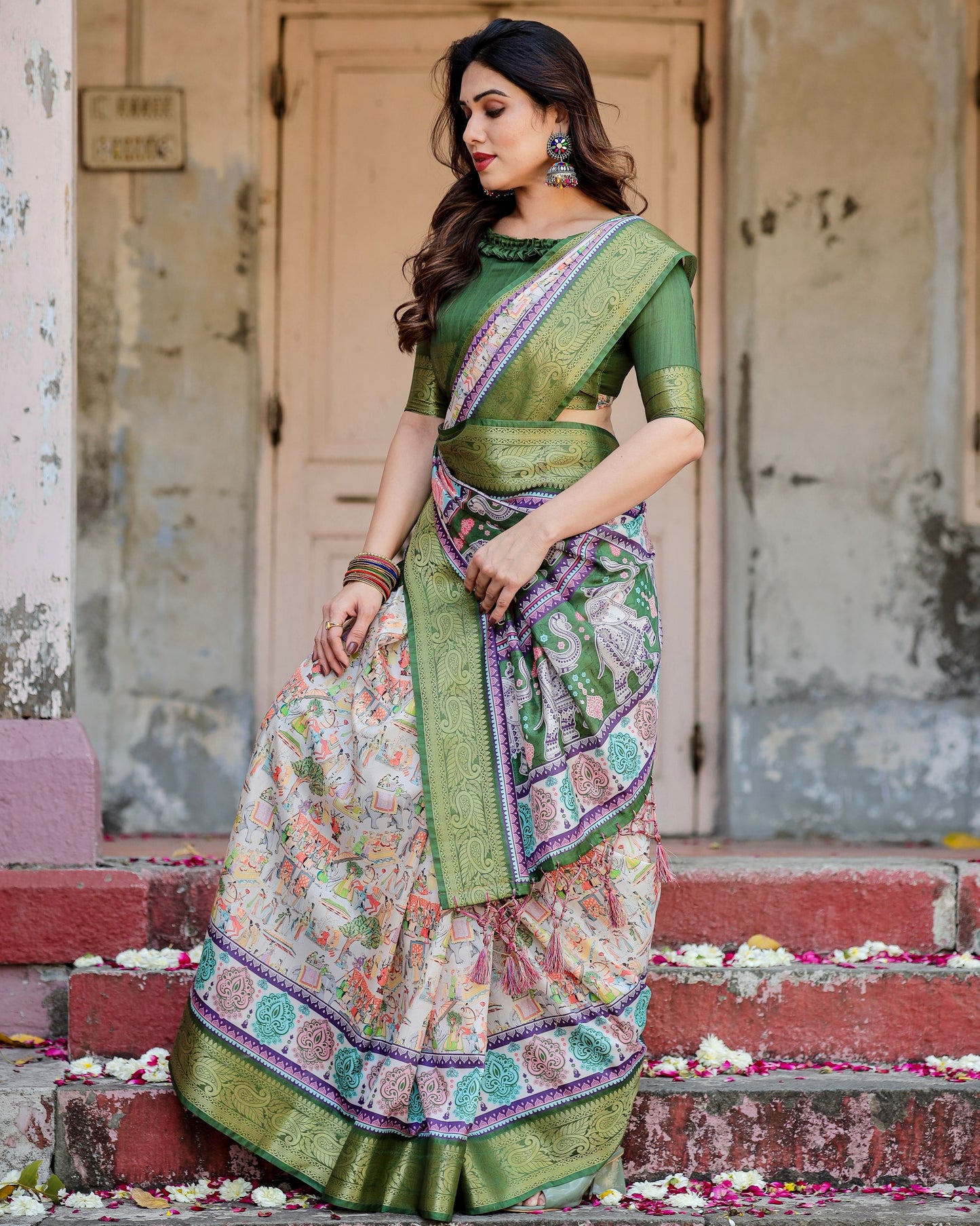 PURE SILK DIGITALLY PRINTED SAREE WEAVED WITH GOLDEN ZARI COMES WITH TASSELS