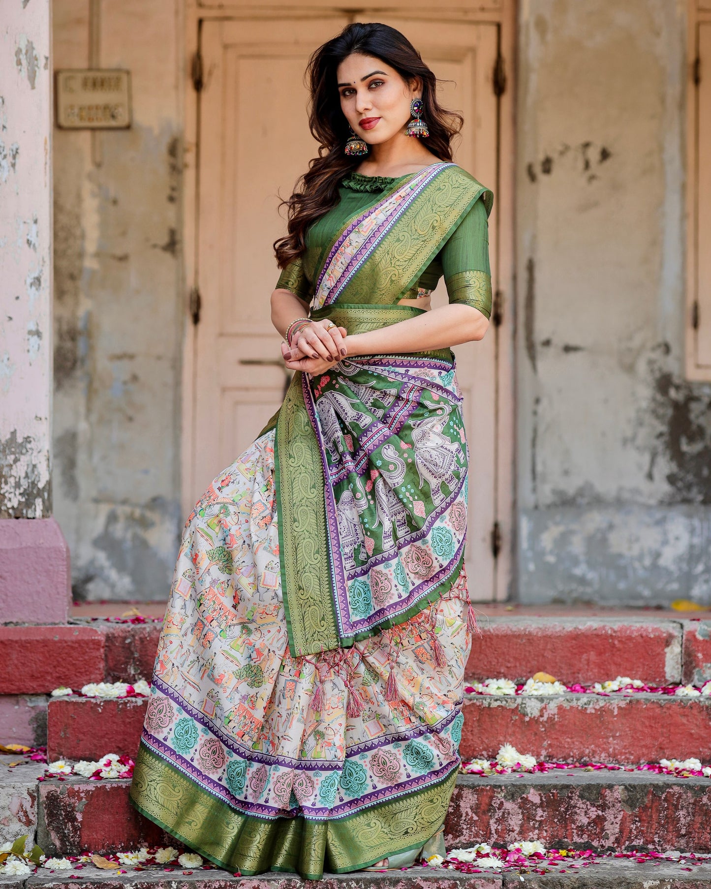 PURE SILK DIGITALLY PRINTED SAREE WEAVED WITH GOLDEN ZARI COMES WITH TASSELS