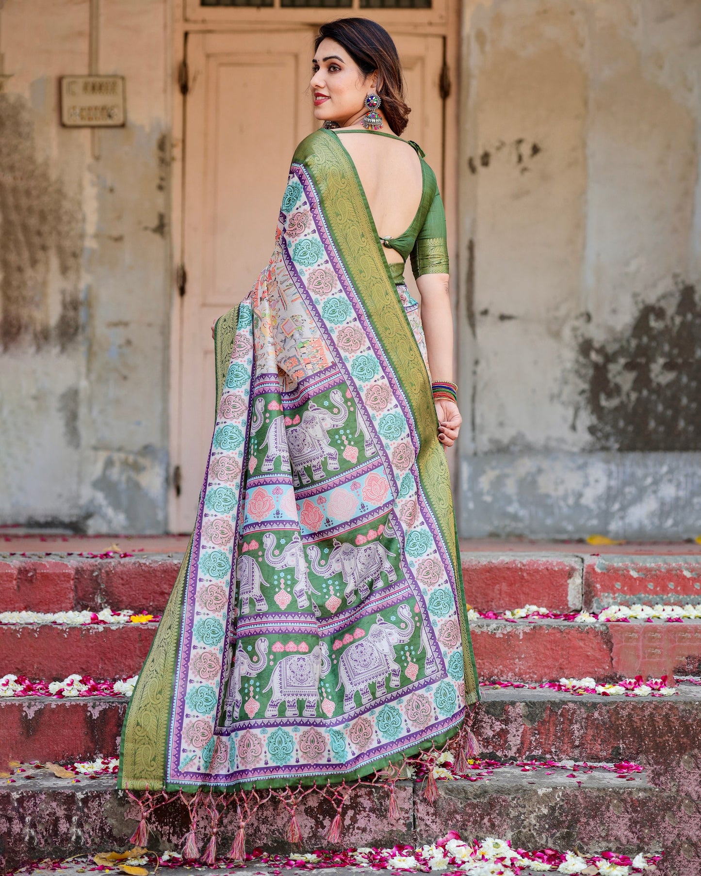 PURE SILK DIGITALLY PRINTED SAREE WEAVED WITH GOLDEN ZARI COMES WITH TASSELS