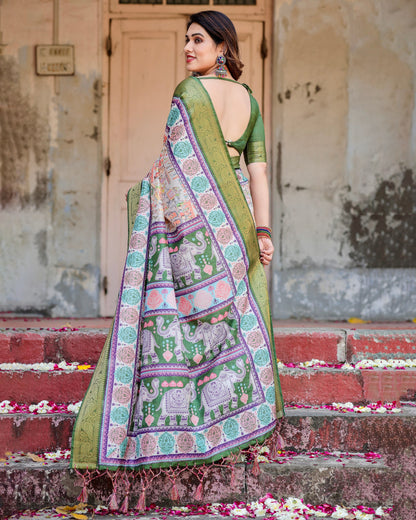 PURE SILK DIGITALLY PRINTED SAREE WEAVED WITH GOLDEN ZARI COMES WITH TASSELS