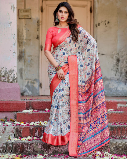 PURE SILK DIGITALLY PRINTED SAREE WEAVED WITH GOLDEN ZARI COMES WITH TASSELS