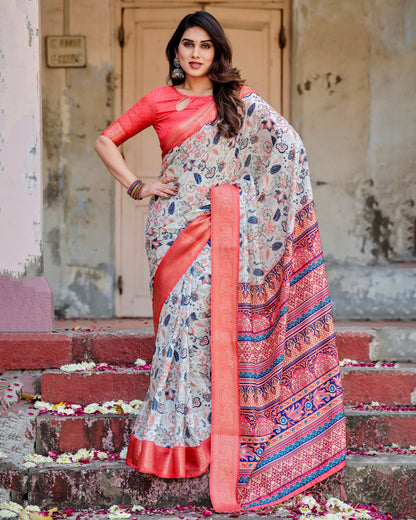 PURE SILK DIGITALLY PRINTED SAREE WEAVED WITH GOLDEN ZARI COMES WITH TASSELS