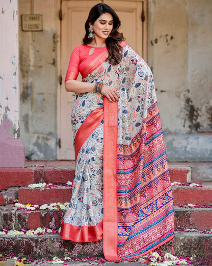 PURE SILK DIGITALLY PRINTED SAREE WEAVED WITH GOLDEN ZARI COMES WITH TASSELS