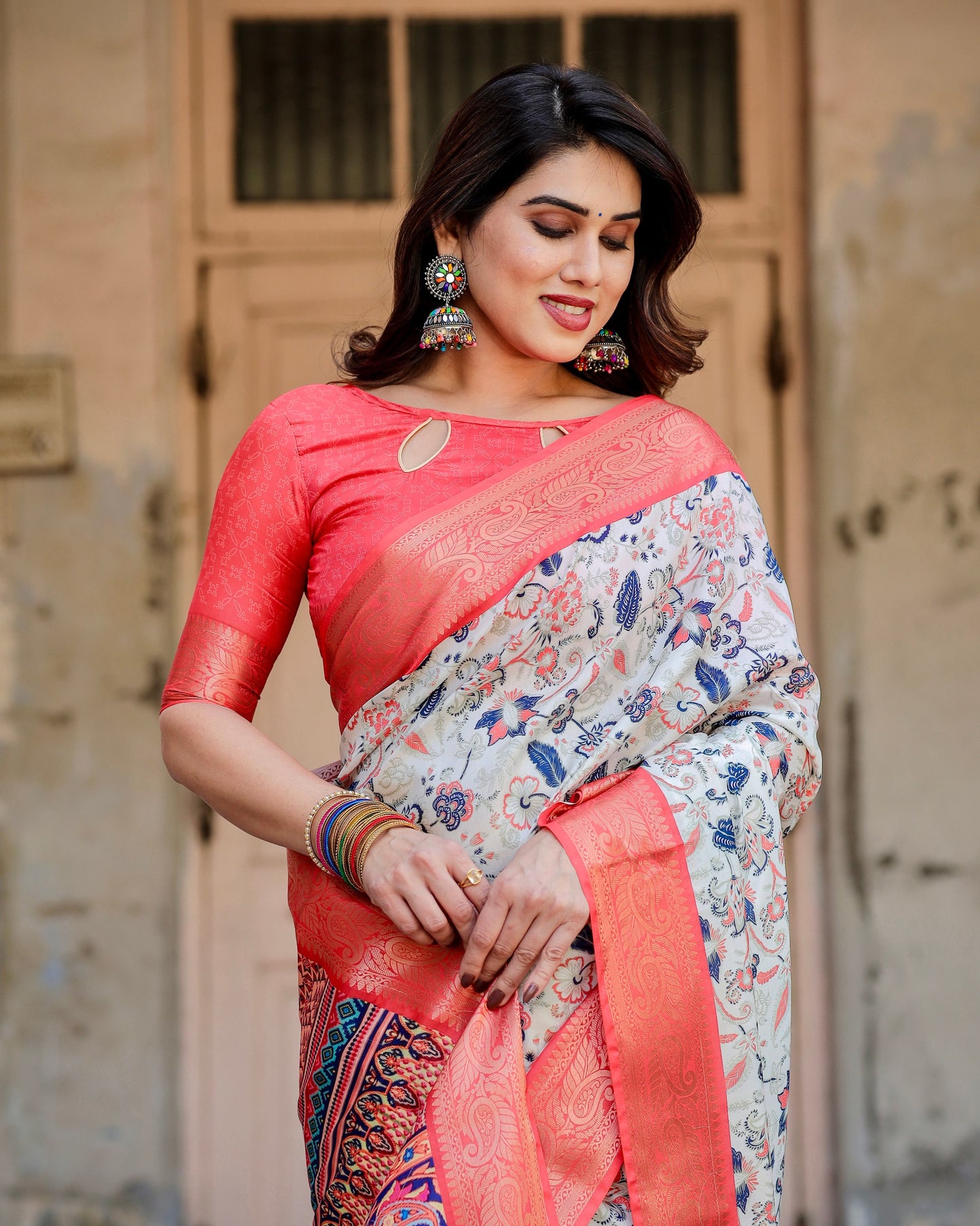 PURE SILK DIGITALLY PRINTED SAREE WEAVED WITH GOLDEN ZARI COMES WITH TASSELS