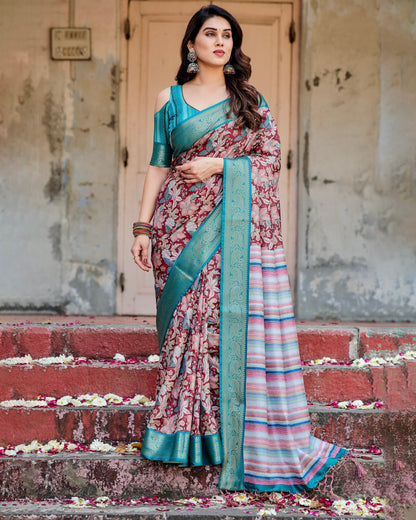 PURE SILK DIGITALLY PRINTED SAREE WEAVED WITH GOLDEN ZARI COMES WITH TASSELS