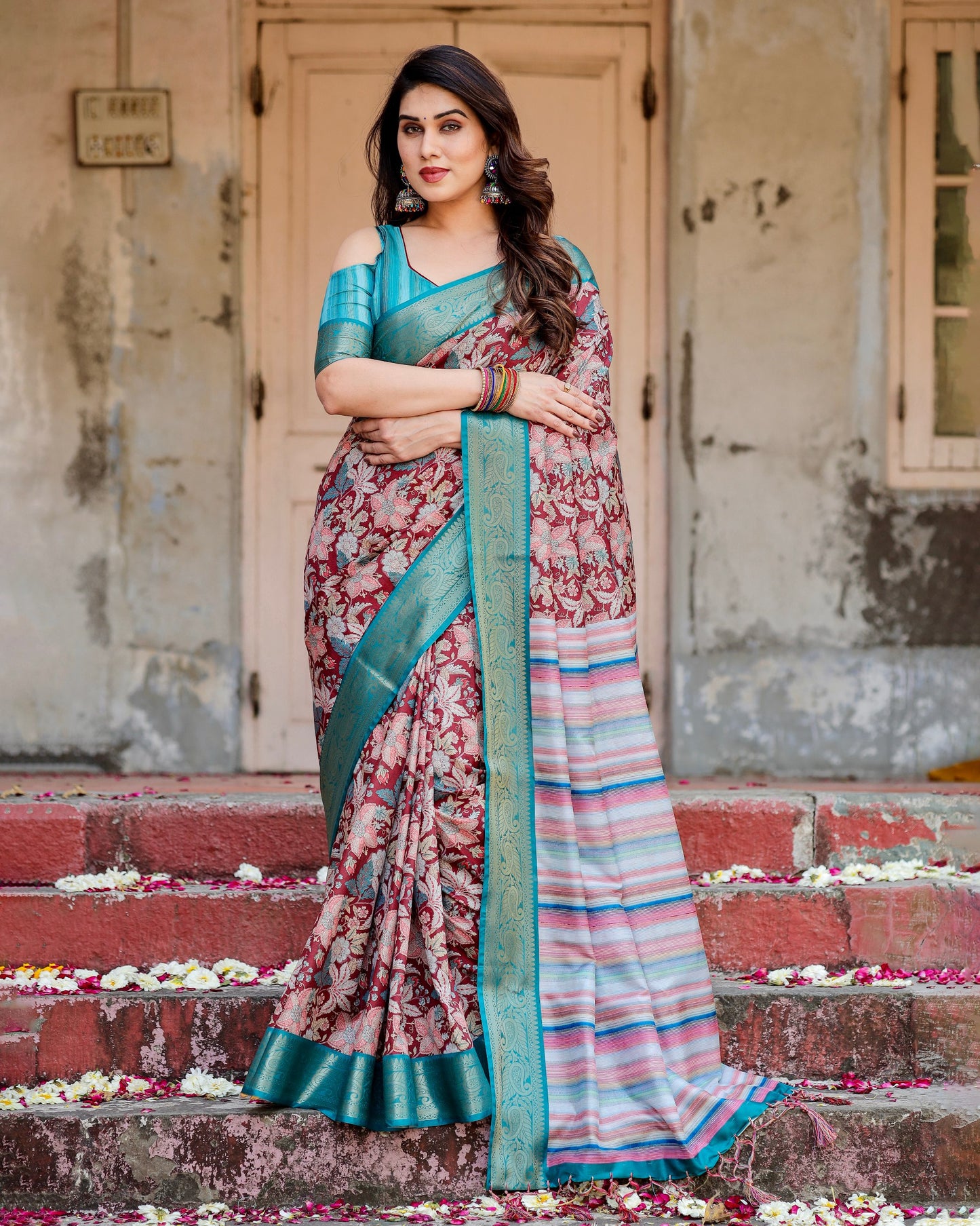 PURE SILK DIGITALLY PRINTED SAREE WEAVED WITH GOLDEN ZARI COMES WITH TASSELS