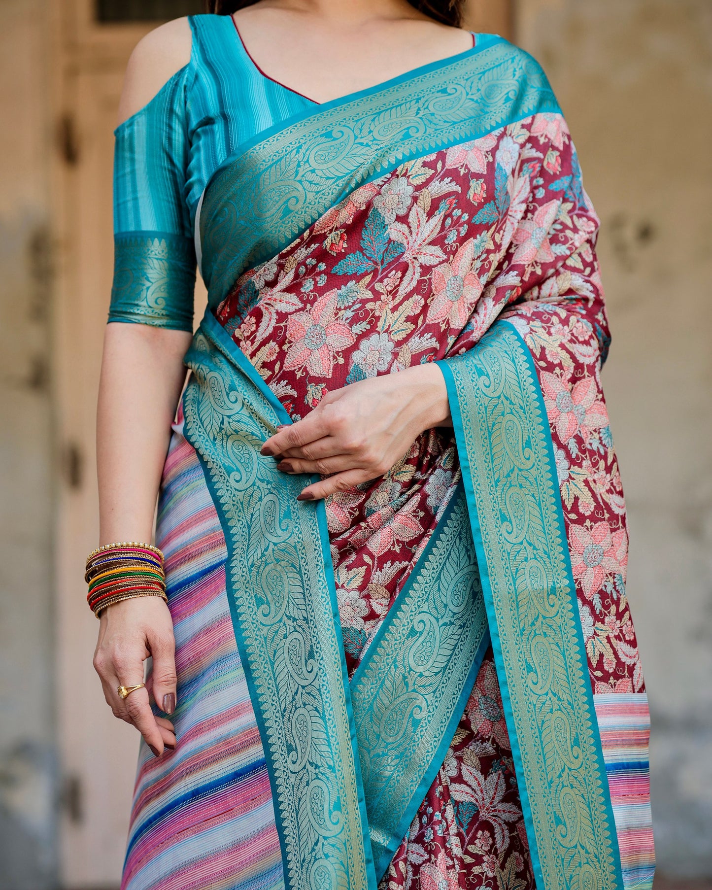 PURE SILK DIGITALLY PRINTED SAREE WEAVED WITH GOLDEN ZARI COMES WITH TASSELS