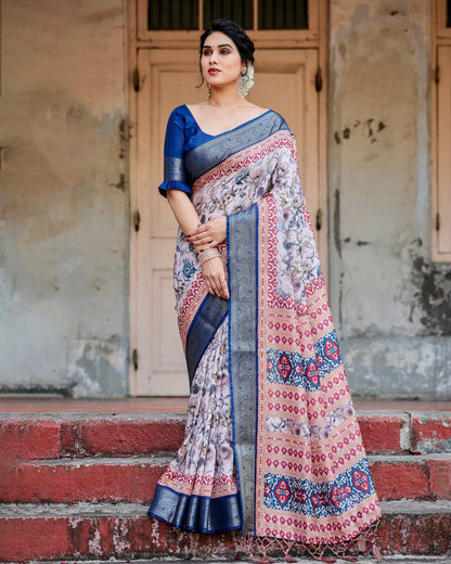 PURE SILK DIGITALLY PRINTED SAREE WEAVED WITH GOLDEN ZARI COMES WITH TASSELS