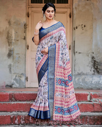 PURE SILK DIGITALLY PRINTED SAREE WEAVED WITH GOLDEN ZARI COMES WITH TASSELS