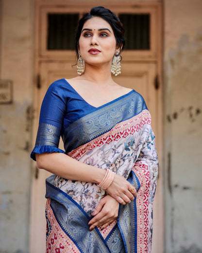 PURE SILK DIGITALLY PRINTED SAREE WEAVED WITH GOLDEN ZARI COMES WITH TASSELS