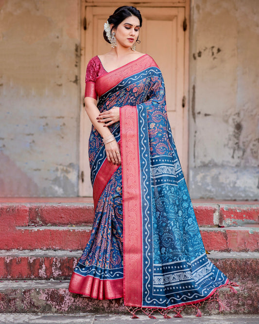 PURE SILK DIGITALLY PRINTED SAREE WEAVED WITH GOLDEN ZARI COMES WITH TASSELS